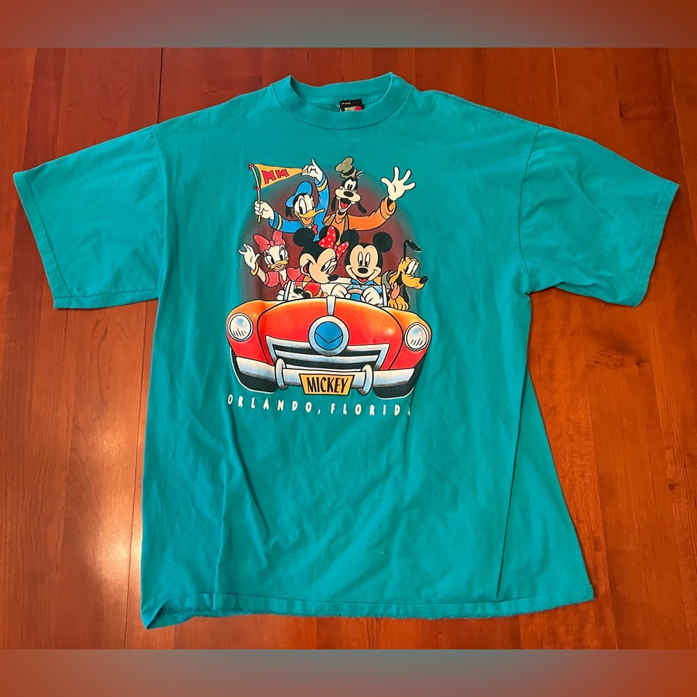 Vintage 90's Disney Mickey Mouse Teal Embroidered T Shirt Size XL Orlando